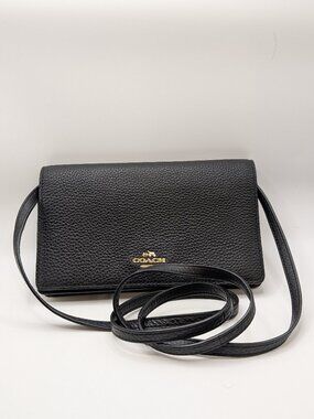 Coach Anna Foldover Clutch Crossbody F54002 Black Pebble Leather Gold HW